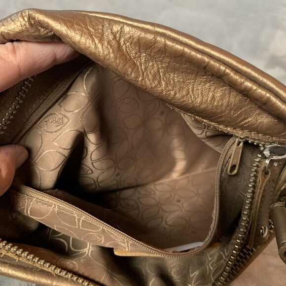 Fossil Crossbody Bag Front Pockets Metallic Bronze/Chocolate Pebbled Leather - Picture 10 of 16